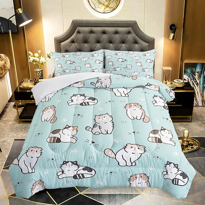 AILONEN Cat Comforter Set, Cat Bedding Set Twin Size for Girls,Bed in a Bag Superior Duvet for Teen,Easy Care,Microfiber,1 Comforter 2 Pillowcases 3 Piece