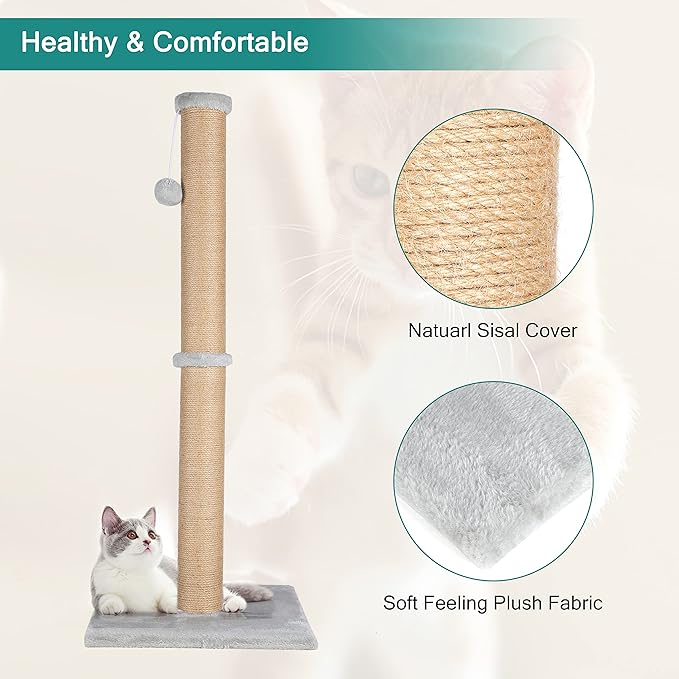 FluffyDream 37'' Cat Scratching Post, Natural Sisal Rope Scratcher with Dangling Teaser Ball and Covered with Soft Plush for Kittens and Adult Cats, Sand Color