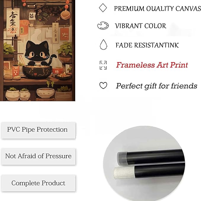 3pcs Funny Japanese Black Cat Canvas Wall Art Vintage Animal Posters Prints Edo Period Ramen Cat Pictures Japan Quirky Cat Painting Kitchen Dining Wall Decor Animal Lover Gift 16x24in Unframed