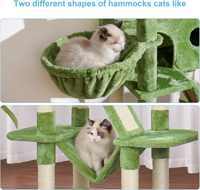 Hey-brother Cat Tree, 61 inch Cat Tower for Indoor Cats, Cat House with Padded Platform Bed, Toy Balls, Large Cozy Condo, Hammocks and Sisal Scratching Posts, Green MPJ019GR