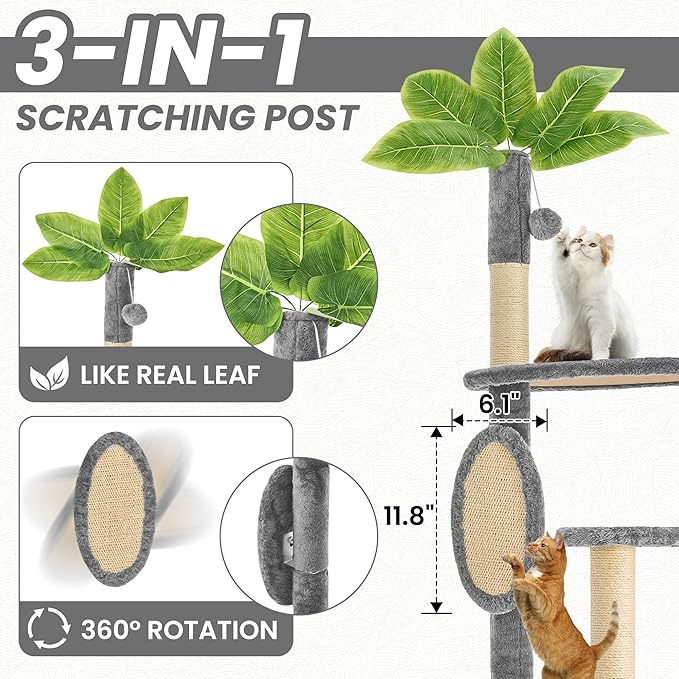 61" Large Cat Tree Tower for Indoor Cats with DIY Green Leaves Scratching Post Multi Soft Hang Ball Plush Cat House Furniture 360° Rotating Cat Scratch Board with Hammock, Grey