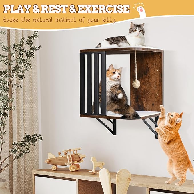 Cat Wall Shelves, 2-Tier Cat Wall Furniture, Small Cat Tree for Indoor Cats, Wood Cat Floating Shelf with Scratching Pad, Sisal Rope Ball, Wall Mounted Cat Tower Cat Perch for Nap, Climb, Play(Brown)