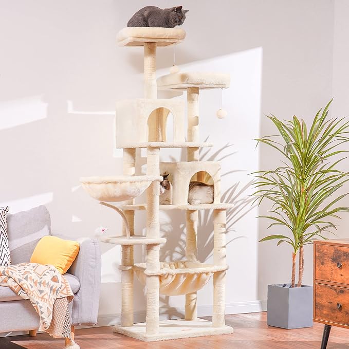 Heybly Cat Tree, 70 inches Tall Cat Tower condo with Toy for Indoor Large Cats, Cat House Furniture with Padded Plush Perch, Cozy Hammock and Sisal Scratching Posts,Beige HCT032M