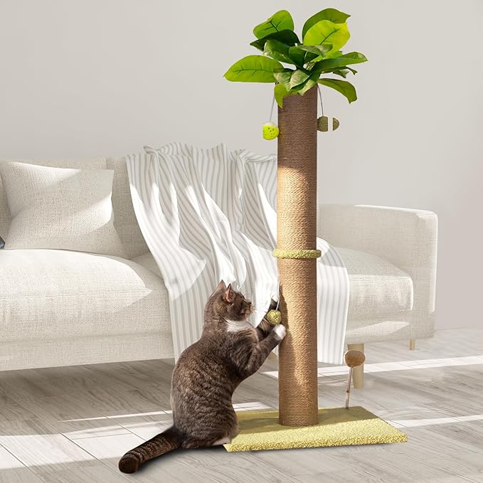 39 inch Tall Cat Scratch Post for Indoor Cats with Natural Sisal Rope and Hanging Ball Scratcher Post Tree Kitten and Large Adult Cat Interactive Toy-Leaf