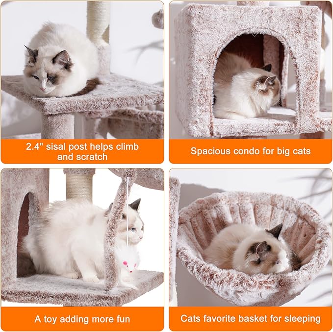 Heybly Cat Tree with Toy, Cat Tower condo for Indoor Cats, Cat House with Padded Plush Perch, Cozy Hammock and Sisal Scratching Posts, Muchroom HCT004MU
