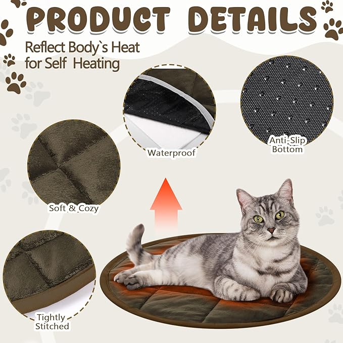 2 Pcs Cat Heating Pad Round 16 Inch Self Heating Cat Mat Washable Heated Cat Bed Anti Slip Cat Warming Pad Pet Bed Mat for Kennel Dog Crate Indoor Outdoor(Coffee,16 Inch)