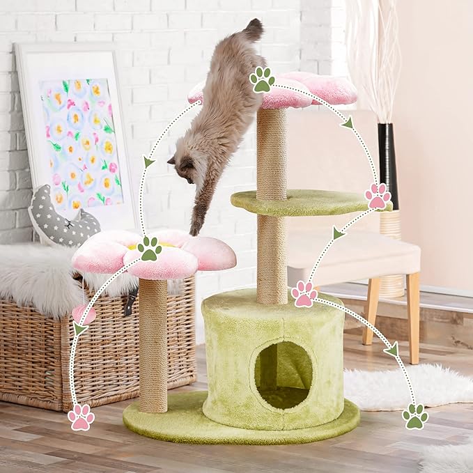 Erinnyees Flower Cat Tree, 38" Cat Tower with Scratching Post, Cute Cat Condo House with Dangling Ball for Kittens and Small Indoor Cats, Multi-Level Pet Play Climbing Stand