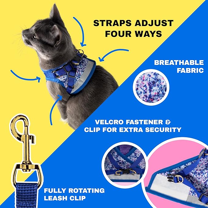 Travel Cat Harness and Leash Set - Adjustable Fit Mesh Cat Harness and Reflective Strap - Comfort Escape Proof Harness for Cats, Kitten for Outdoor Walking, Hiking (Large, Groovy)