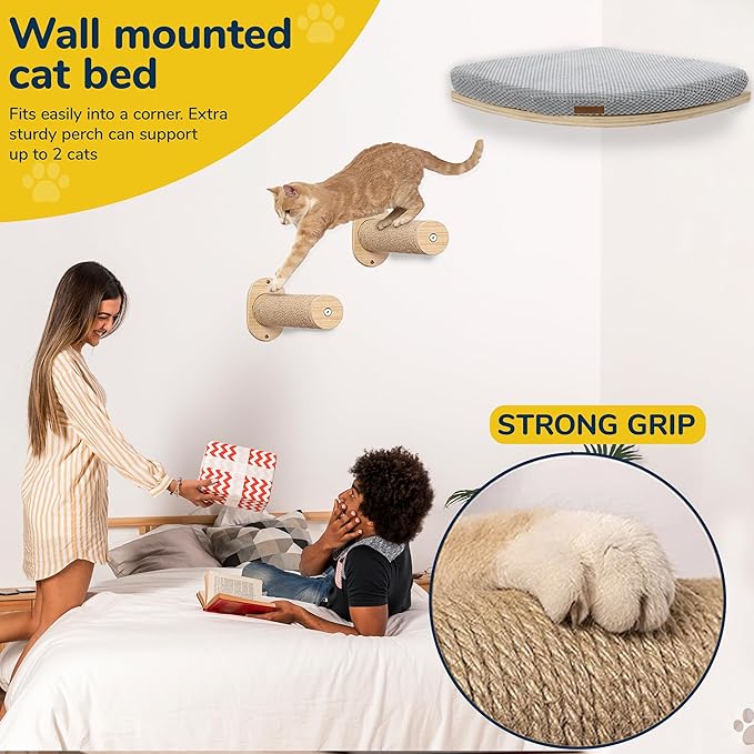 Corner Cat Wall Shelf, Wall Mount Cat Shelves with 2 Climbing Steps, Large Floating Cat Shelves for Wall, Wall Cat Bed Furniture and Perch for Indoor Cats (Wood Color)