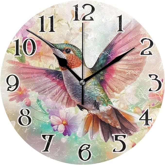 ALAZA Birds Clock Hummingbird Wall Clock Battery Operated Kitchen Clock 9.5 Inch Flowers Bathroom Clock Non Ticking Round Decorative Desk Clock Bedroom Living Room Decor