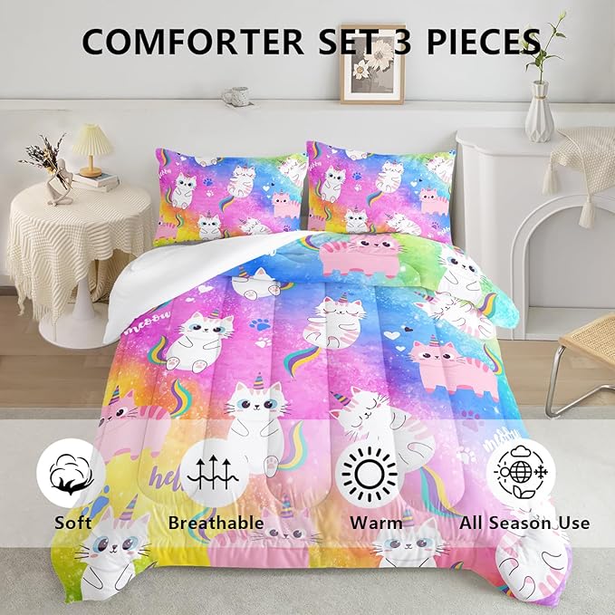 Axolotl Cat Bedding Queen Cartoon Cat Comforter Set,Rainbow Printed Kids Bedding Set for Girls Kids Adults Teens,Kids Comforter Set All Season,1 Quilt 2 Pillow Cases,Colorful Pink Blue