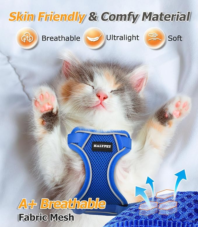 Halypet Cat Harness and Leash Set [MAX Safety 4th-Gen Upgrade] Escape Proof Adjustable Cat Leash Comfortable Soft Vest Easy to Wear Kitten Harness with Reflective Strip for Cats Walking, M Blue