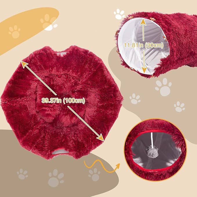 Avont Cat Tunnel Bed with Central Washable Cushion - Large Cat Tunnel Tube Toys 3 Shape to Play for Indoor Cats Kittens Puppies Ferret, Round Plush Fluffy Cat Bed with Tunnels -Red