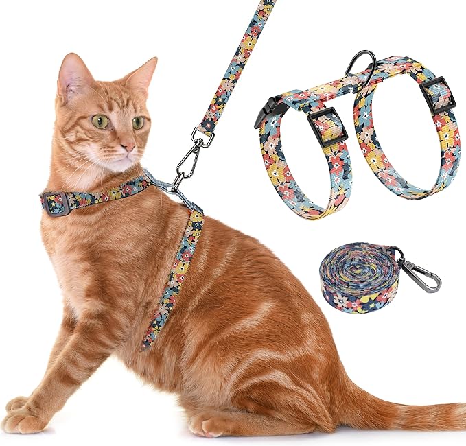 Cat Harness and Leash Set, Adjustable Kitten Harness Escape Proof Cats Harness, Soft Lightweight Walking Travel Pet Harness, Cute Kitty Harness Leash Set for Small Medium Cats, Multi-Floral