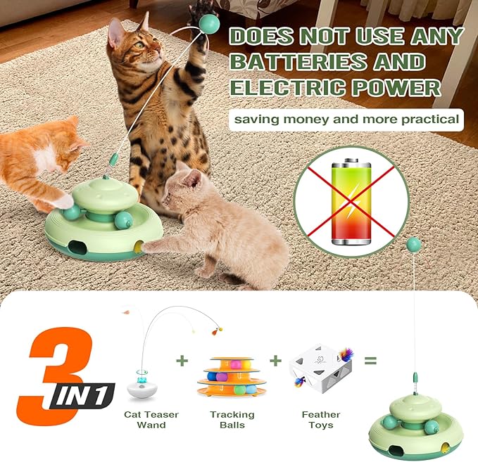 3-in-1 Interactive Cat Toy for Indoor Cats - Exciting Teaser Wand, Ball Track, and Whack-a-Mole Game - No Batteries Needed, Sturdy and Safe - Ultimate Mental and Physical Stimulation