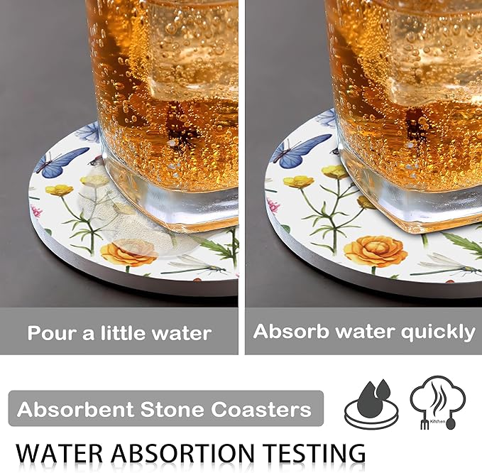 6 Pcs Drink Coasters with Holder,Botanical Flowers Absorbent Round Ceramic Coaster for Tabletop Protection,for Coffee Cup Beverage Coasters Wine Beer Bar