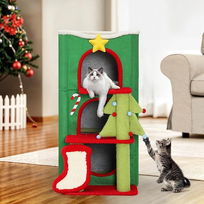 YITAHOME Christmas 3-Tier Cat House, Indoor Cat Cave Bed Playhouse, Covered Cat Beds & Furniture with Scratch Pad and Hideaway Cave,Christmas Cute Modern Cat Condo Furniture for Multi Small Cats