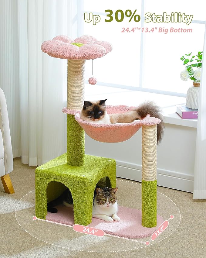 Flower Cat Tree with Large Metal Frame Hammock, 35" Cute Cat Tower with Sisal Scratching Posts for Small Indoor Cats, Cat Condo with Pink Top Perch for Kittens, Pink