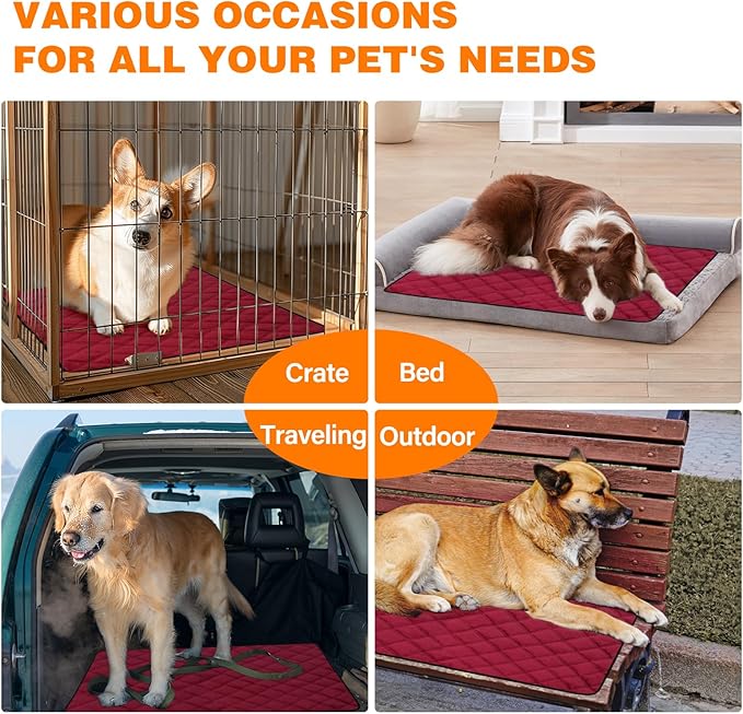 Self Warming Dog Bed, Pet Crate Pad for Indoor and Outdoor, Washable Heating Dog Kennel Mats with Non-Slip Bottom for Small Medium and Large Dogs - Deep Red, M:28"x45"
