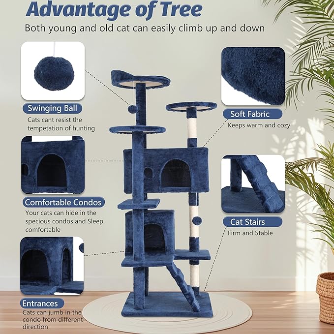FDW Cat Tree 54in Cat Tower Multi-Level Durable Cat Scratching Post & Cozy Fun Cat Jumping Platform Space Saving Cat Condo Pet Play House for Indoor Cats,Dark Blue