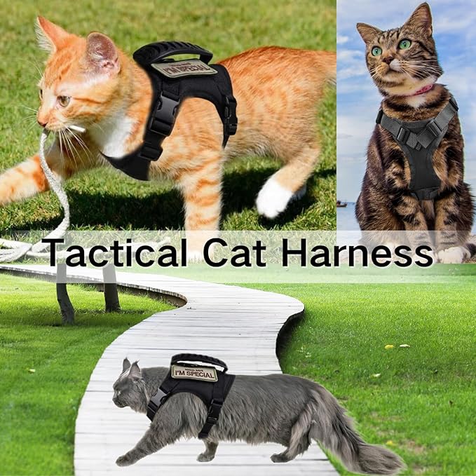 Tactical Cat Harness and Leash Soft Mesh Cat Outdoor Walking Vest Adjustable Large Cat Vest with Rubber Handle Easy to Control for Large Cat, Puppy, and Small Dog (Black)