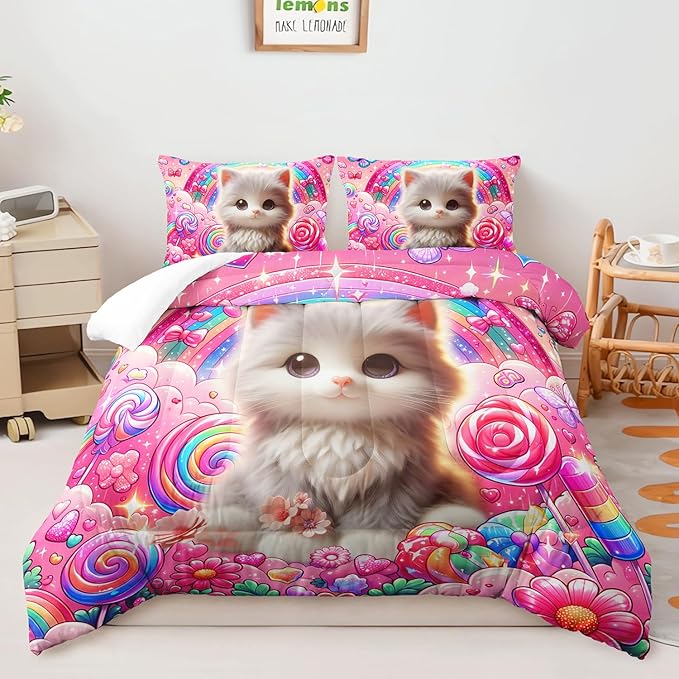 AILONEN Cute Cat Kitten Kids Comforter Set Full Size,Rainbow Bedding Set,Fairy Butterfly Cartoon Pink Comforter with 2 Pillowcases,Teen Girls Kawaii Comforter Set 3 Pieces