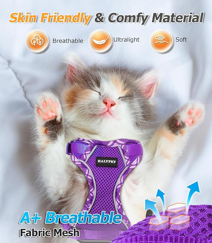 Halypet Cat Harness and Leash Set [H500 Pro Escape Proof Cat Harness for Walking, Adjustable Breathable Soft Travel Cat Leash, Reflective Strips Kitten Harness