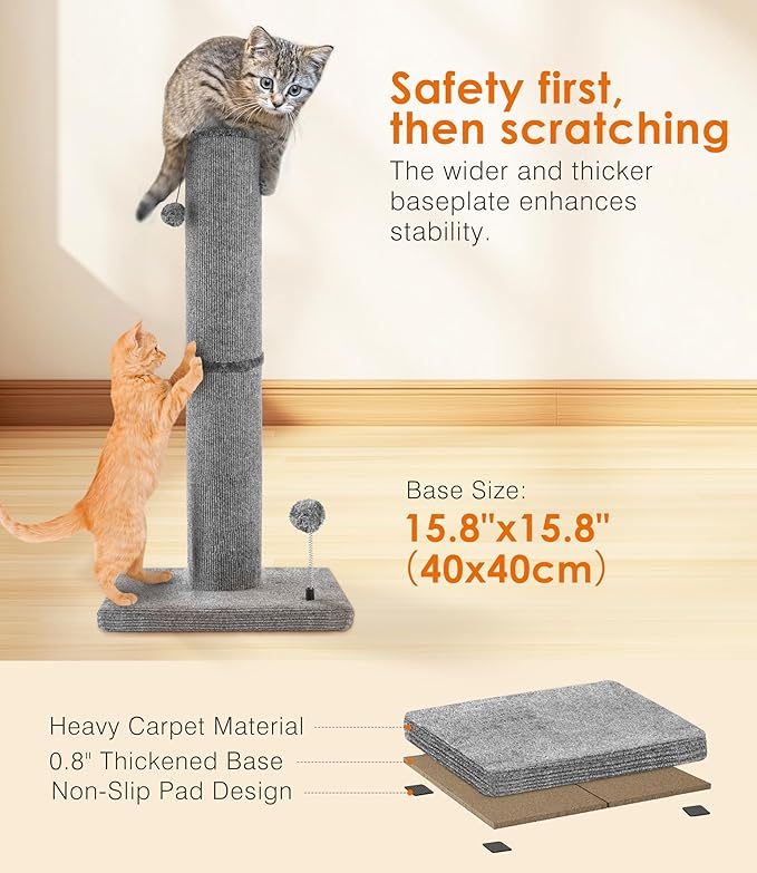 Carpet Craft Cat Scratching Post Heavy Duty for Indoor Large Cats and Adult Cats,Tall and Thicked Carpet Cat Scratcher Furniture Protector Cat Tree Tower with Interactivity Balls,Grey