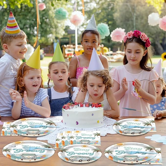 96PCS Summer Beach Party Party Supplies Tableware Set Surfing Hippie Groovy Birthday Party Disposable Dinnerware Plates Napkins Forks for Summer Beach Birthday Baby Shower Decorations for 24 Guests