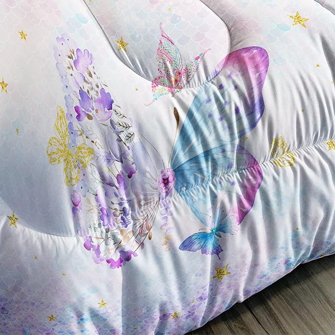 Axolotl Butterfly Bedding Queen,Rainbow Butterfly Comforter Set for Girls Teens,Butterfly Bedding for Girls with Golden Star Scales Pattern,Butterfly Printed Quilt Set with 1 Comforter 2 Pillowcases