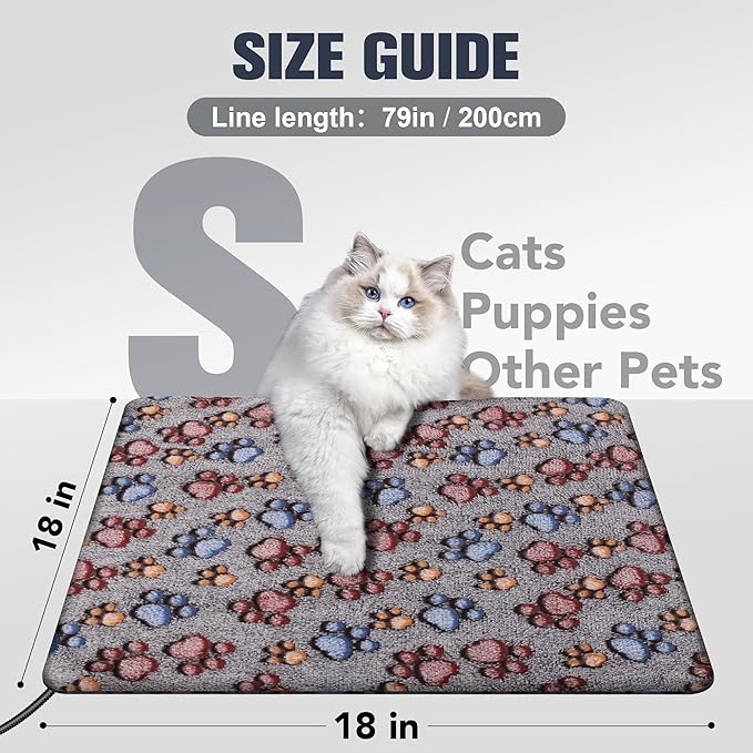Cat Heating Pad, Waterproof Pet Heating Pad for Cat Dog Outdoor, 11 Adjustable Temperature Cat Warming Bed Mat with Timer, Indoor Heated Cat Bed with Chew Resistant Cord（S: 18'' L X 18W ''）