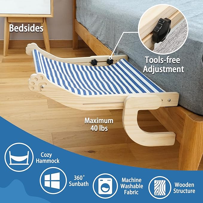 PETKARAY Cat Window Perch, Adjustable Cat Hammock for Windowsill, Indoor Window Shelves and Seat, Window Perch for Large Cats, Blue Stripe