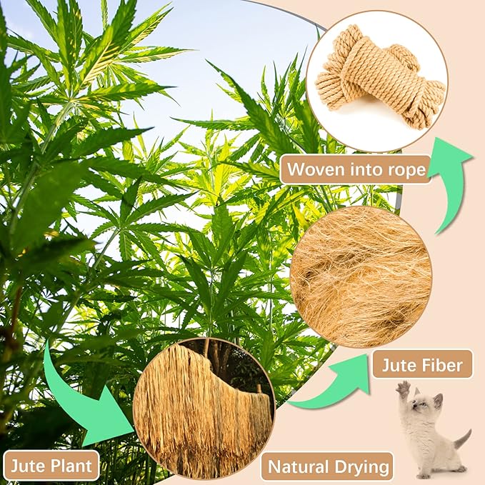 Cat Scratcher Replacement Rope - KDAOQN 1/4 inch Natural Hemp Rope, Rope for Cat Scratching Post, Cat Tower Repair Rope Cat Tree Rope Replacement, Odorless Jute Twine Rope (33FT)