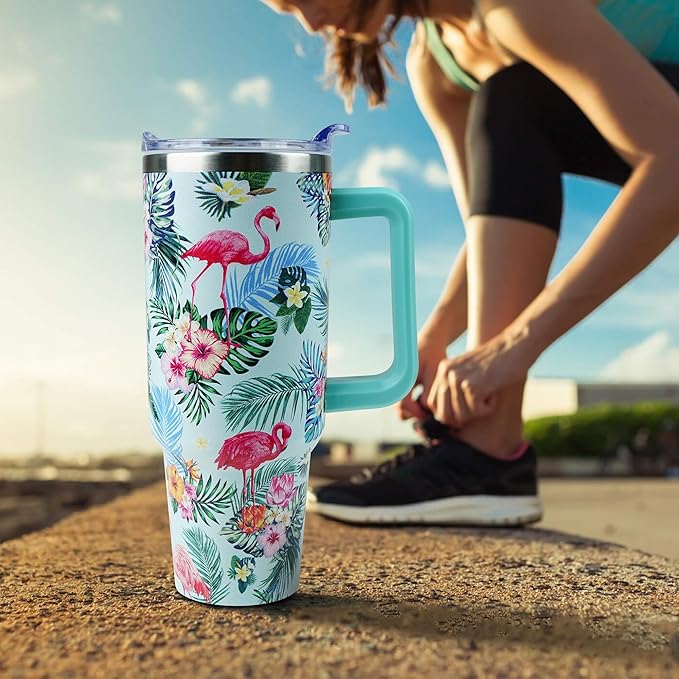 40 oz Tumbler with Handle and Straw, Stainless Steel Insulated Cup with Leak Proof Lid and Straw Lid, Keep Drinks Cold and Hot for Hours(Flamingo)