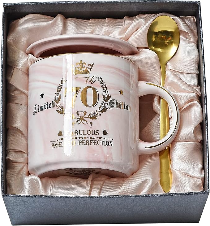 70th Birthday Gifts for Women - Aged to Perfection Coffee Mug - Unique Birthday Present for Grandma Mum Wife Girl Friend Sister - Pink Marble Mug for Coffee Lovers 14Oz Tea Cup Gift Boxed