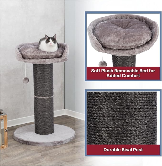 TRIXIE Pepino Cat Scratching Post 35 Inch - Cat Scratcher with Soft Fabric Covering Base and Durable Sisal Rope - with Platform Bed & Dangling Cat Toy - in Gray
