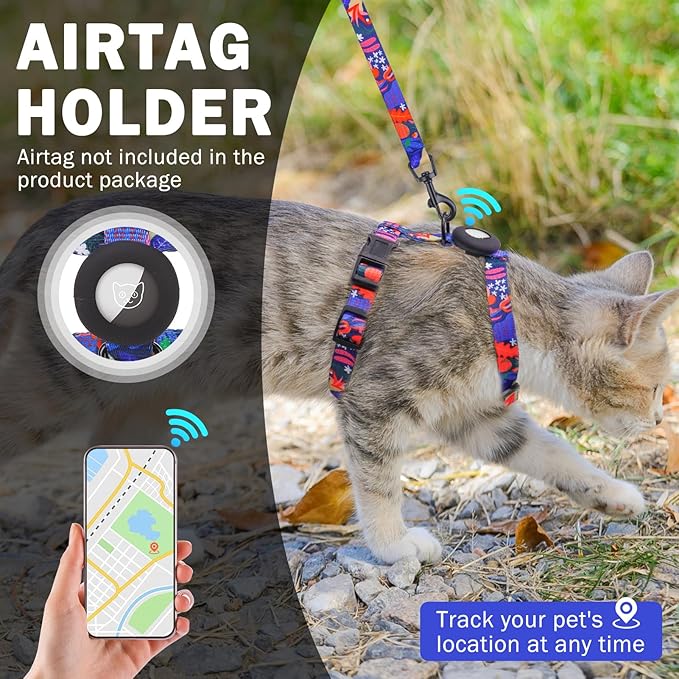 SCENEREAL Cat Harness and Leash Set Escape Proof with Airtag Holder, Reflective Pet Harnesses for Walking, Adjustable Kitty Vest Soft Harness Outdoor Indoor, Cute Travel Boys Girls Small Large Cats