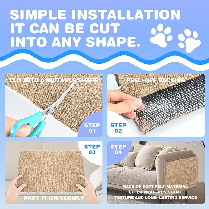 Cat Scratching Mat 78.7"x15.8" Self-Adhesive Cat Furniture Protector, Climbing Cat Scratch Pad for Cat Tree, Sofa, Wall, and Furniture DIY Protection (Beige)