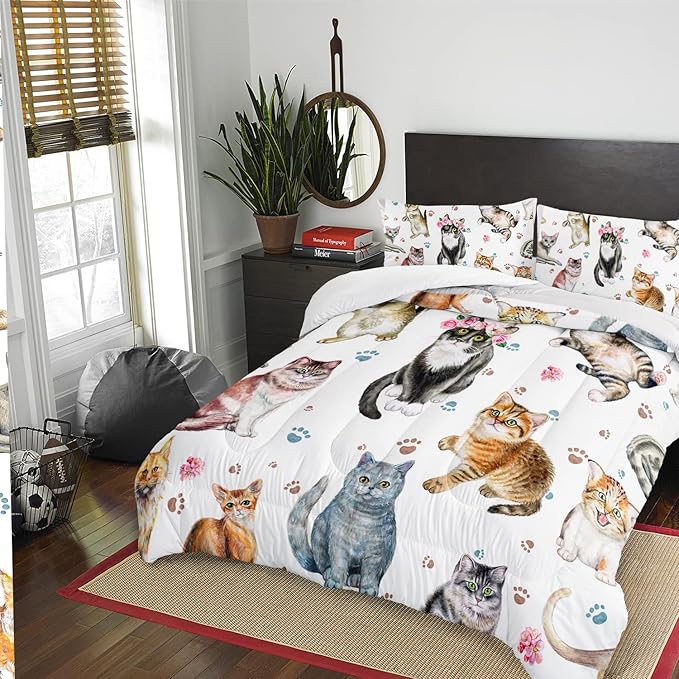 AILONEN Watercolor Cat Print Bedding Set Full Size with Cats and Footprints Comforter Set for Boys Girls, Soft Breathable White Tint Duvet Set 3 Pieces, 1 Quilt and 2 Pillowcases