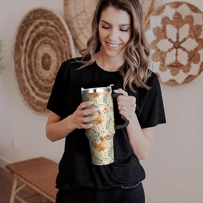 40 Oz Chicken Tumbler with Handle and Straw, Double Wall Stainless Steel Mug, Insulated Rooster Cup Gifts for Chicken Lovers, Travel Mug
