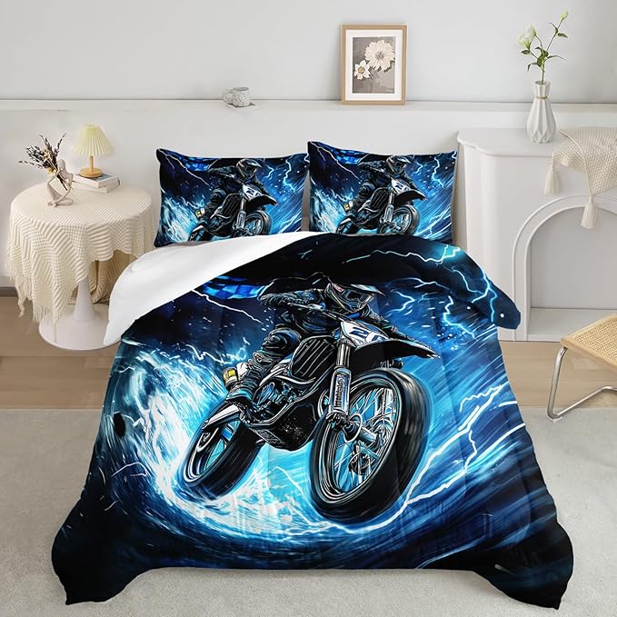AILONEN Boys Extreme Sport Dirt Bike Bedding Set Queen Size, 3-Piece Blue Black Speed Motocross Comforter with 2 Pillowcases for Kids Men
