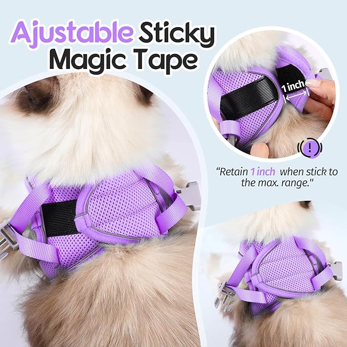 Dooradar Cat Harness and Leash Set, Escape Proof Lightweight Kitten Harness, Soft Breathable Reflective Vest for Outdoor Walking Traveling, Adjustable for Large Cats, Grey & Purple, L
