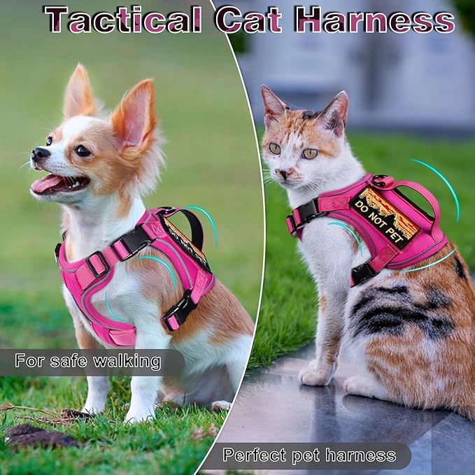 Tactical Cat Harness for Walking, Adjustable Escape Proof Pet Vest for Large Cat,Easy Control Breathable Cat Vest with Handle，Molle Patches (Pink, L)