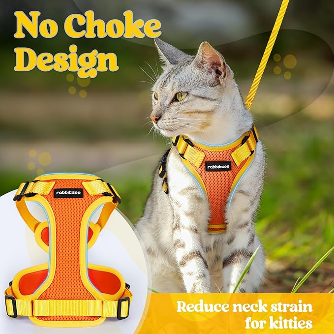 rabbitgoo Cat Harness and Leash Set, Escape Proof Soft Adjustable Vest Harnesses for Outdoor Walking, Easy Control Breathable Kitten Jacket with Reflective Strips, Orange & Yellow, XS