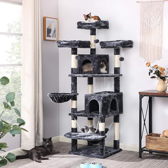 BEWISHOME Cat Tree 66.3 Inch Multi-Level Large Tall Cat Tower with Plush Top Perches, Sisal Scratching Post Cat Condo Play House Kitty Activity Center MMJ14H