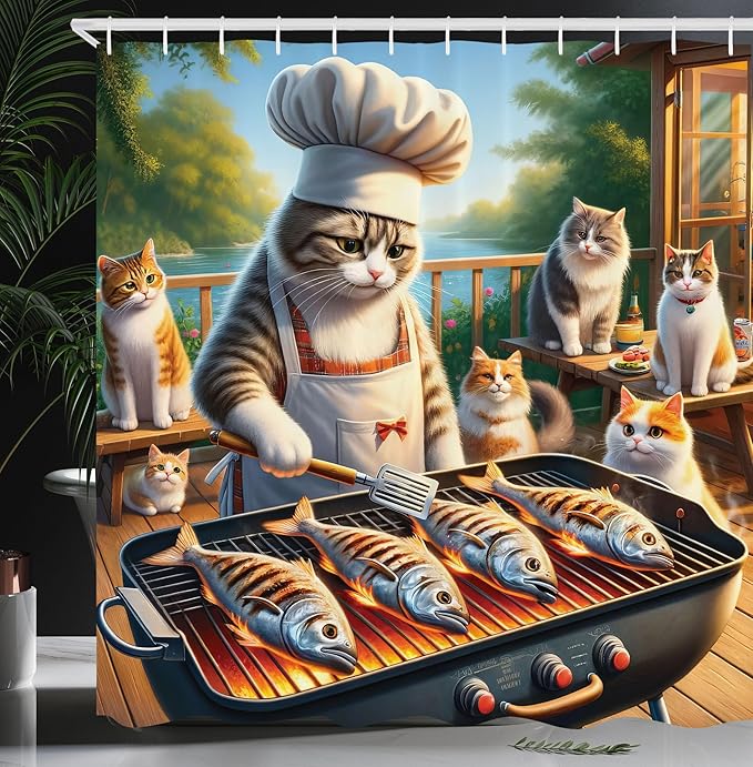 Ambesonne Cat Shower Curtain, Funny BBQ Themed Chef Kitty Grilling Fish for Pals Whimsical Backyard Barbecue Scene, Cloth Fabric Bathroom Decor Set with Hooks, 69" W x 84" L, Green Orange