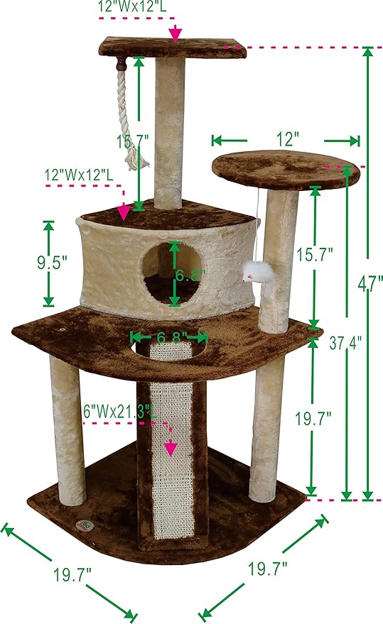 Go Pet Club Everyday Value 47in Corner Cat Tree Kitty Condo Kitten Scratcher Tower House Furniture with Hanging Toys for Indoor Cats, Beige/Brown