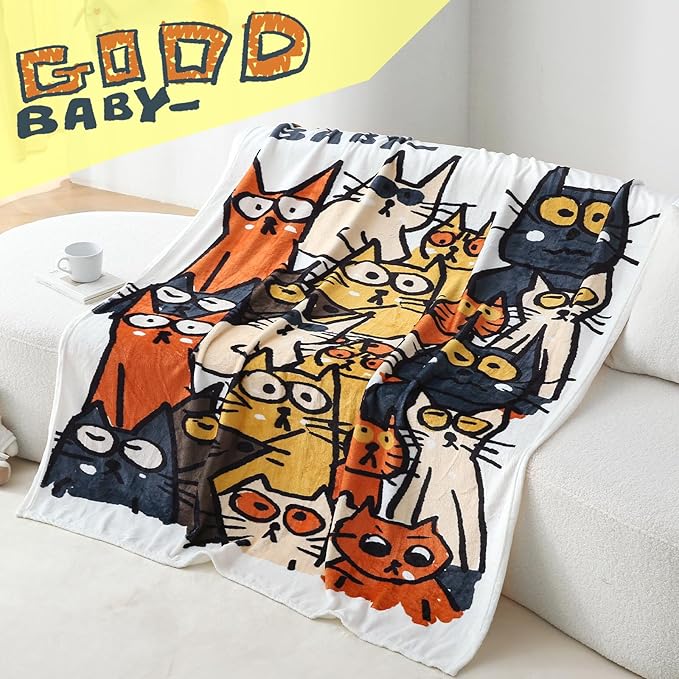2025 Best Gift Cat Original Designer Throw Blanket, Warm Soft Cute Cat Lover Gifts for Women, Cat Mom Gifts for Cat Lovers, Funny Cat Themed Gifts Blanket for Kids, Birthday Christmas, White