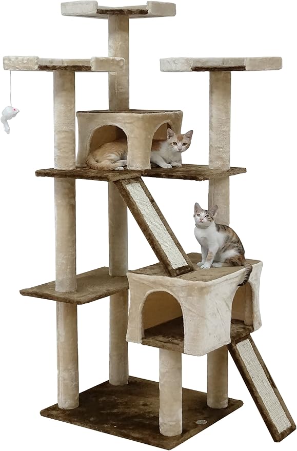 Go Pet Club Everyday Value 71in Cat Tree Kitty Tower Kitten with Dual Condos and Double Scratching Boards Indoor Cat Activity Center Furniture, Beige/Brown