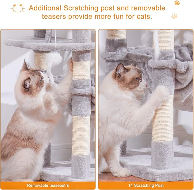 Heybly Cat Tree, 70 inches Tall Cat Tower condo with Toy for Indoor Large Cats, Cat House Furniture with Padded Plush Perch, Cozy Hammock and Sisal Scratching Posts,Light Gray HCT032W